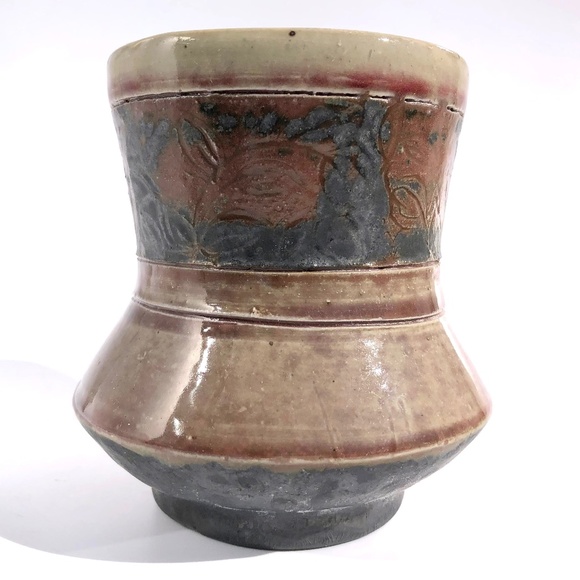 handmade pottery vase raku vessel leaves brown black blue drip 4 inches tall - Picture 1 of 16
